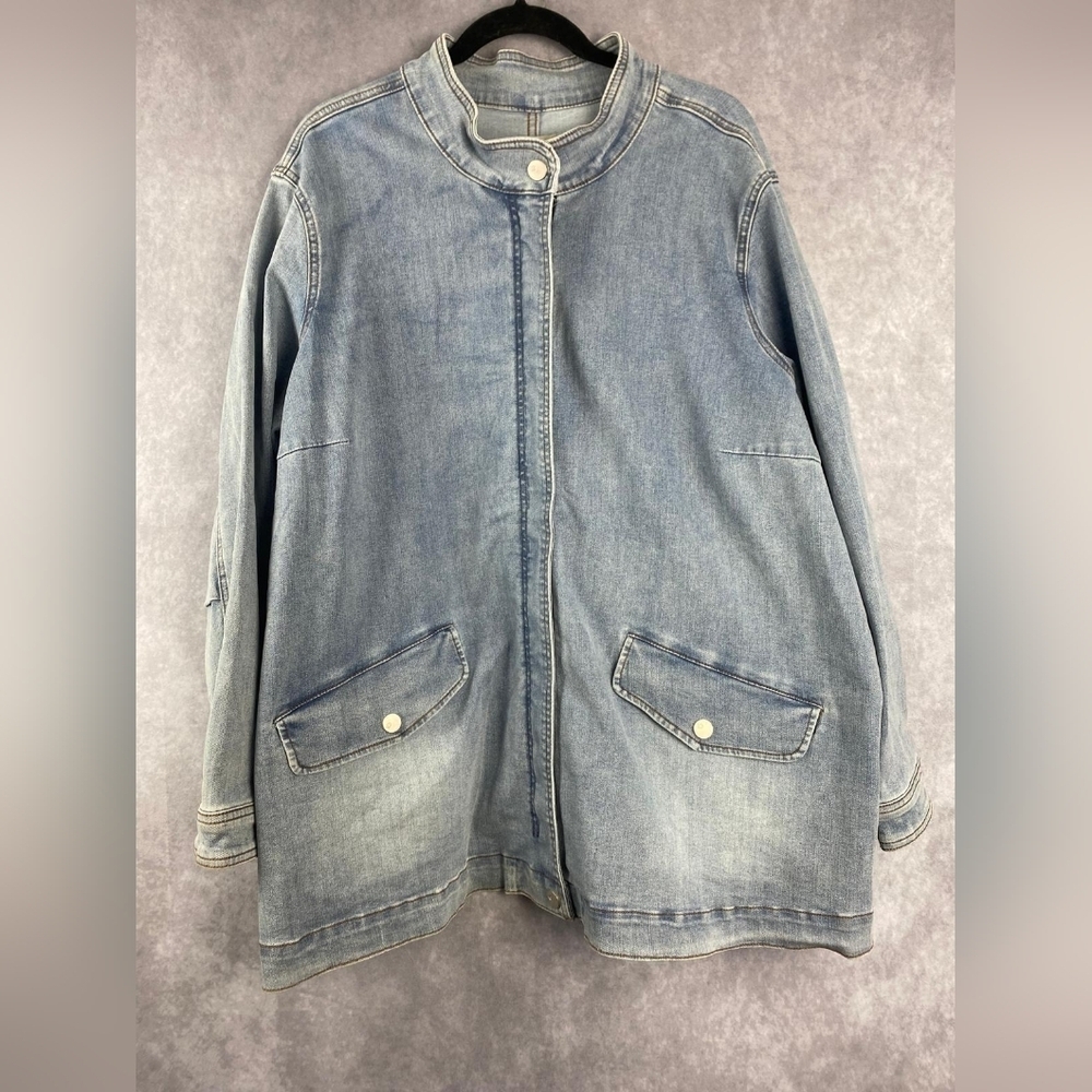 LOGO women's size 26W light wash blue jean denim mock neck zip up jacket QVC